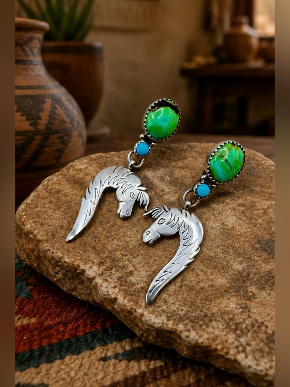 Navajo Native American Sterling Silver Turquoise Gaspeite Horse Dangle Earrings